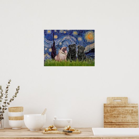 Mops Trio (1F,2B) - Starry Night Poster (Küche)