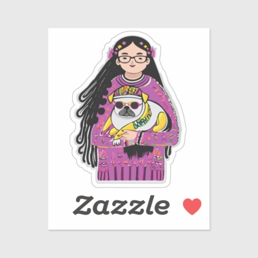 Mops und ein Mädchen mit langem Haar Aufkleber (Blatt)