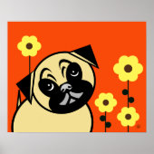 Mops und gelbe Blume auf orangefarbenem Hintergrun Poster (Vorne)