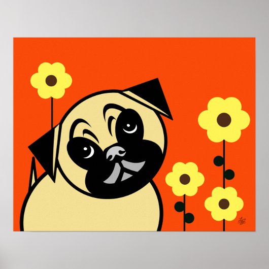 Mops und gelbe Blume auf orangefarbenem Hintergrun Poster (Vorne)