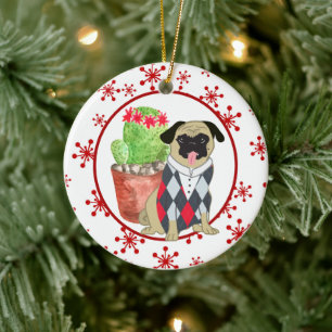 Mops und Kaktus rotes Schneeflockenmuster Vorlage Keramik Ornament