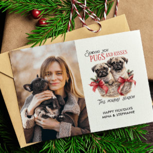 MOPS UND KISESS HUND THEMA CHRISTMAS FOTO FEIERTAGSPOSTKARTE