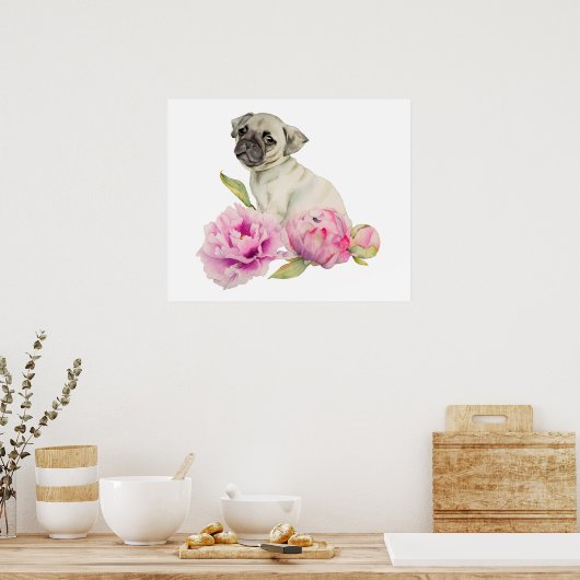 Mops und Peonies | Aquarellbilder Poster (Küche)