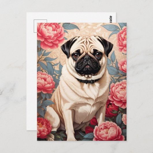 Mops und Peony Blume William Morris Inspiriert Postkarte (Vorne/Hinten)