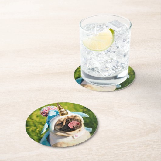 Mops Unicorn Runder Pappuntersetzer (Vor Ort)