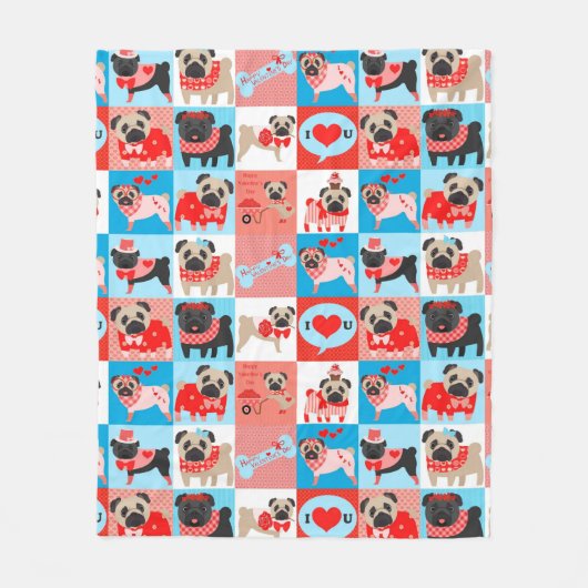 Mops Valentine Quilt Fleecedecke (Vorderseite)