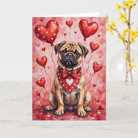 Mops Valentinstag Hund mit Herzen Rot Karte (Gelbe Blume)