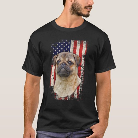 Mops Vintage amerikanische Flagge Patriotischer Hu T-Shirt (Vorderseite)