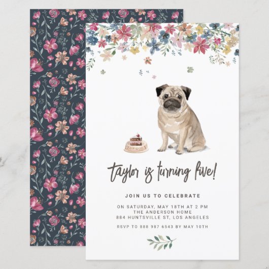 Mops von Aquarell Geburtstagsparty Einladung (Vorne/Hinten)