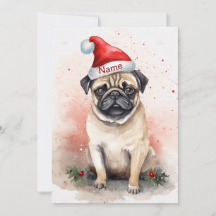 Mops-Weihnachts-Aquarellkunst mit Poinsettie Feiertagskarte