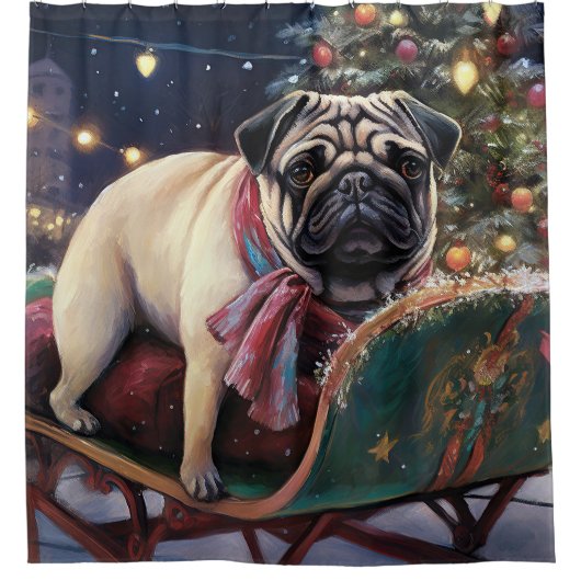 Mops Weihnachts-Feiertage Duschvorhang (Vorderseite)