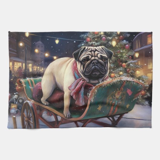 Mops Weihnachts-Feiertage Geschirrtuch (Horizontal)