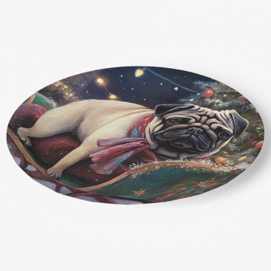 Mops Weihnachts-Feiertage Pappteller (Schrägansicht)