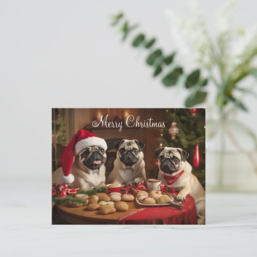 Mops Weihnachts-Party Postkarte (Stehend Vorderseite)
