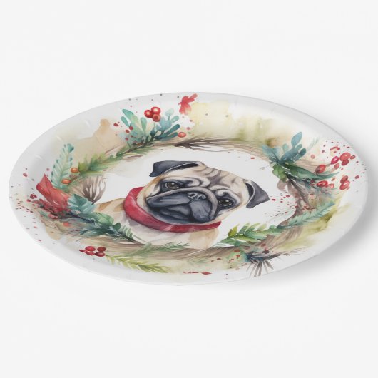 Mops Weihnachtsfest Pappteller (Schrägansicht)