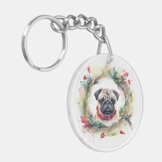 Mops Weihnachtsfest Schlüsselanhänger (Vorderseite links)