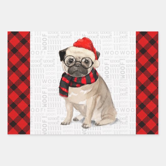 Mops Weihnachtshund auf Rot und Schwarz Kariert Wr Geschenkpapier Set (Vorderseite)
