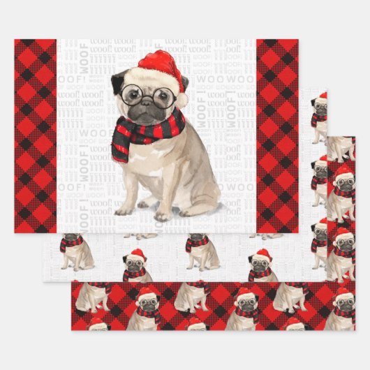 Mops Weihnachtshund auf Rot und Schwarz Kariert Wr Geschenkpapier Set (Set)