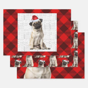 Mops Weihnachtshund Roter Buffalo Karo Geschenkpapier Set