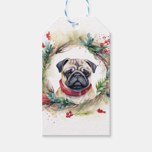 Mops-Weihnachtskranz Festlicher Hund Geschenkanhänger (Vorderseite)