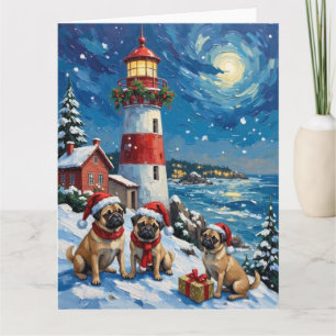 Mops-Weihnachtsleuchtturm-Feiertag Karte