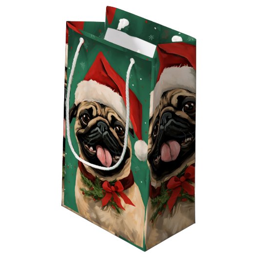 Mops Weihnachtsmalerei Kleine Geschenktüte (Rückseite Schrägansicht)