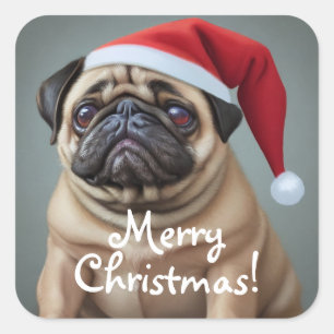 Mops Weihnachtsmannmütze Quadratischer Aufkleber
