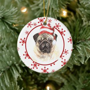 Mops Weihnachtsmannmütze Roter Schneeflocken Weihn Keramik Ornament