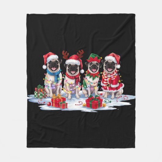 Mops Weihnachtsmannmütze will Weihnachtsbeleuchtun Fleecedecke (Vorderseite)