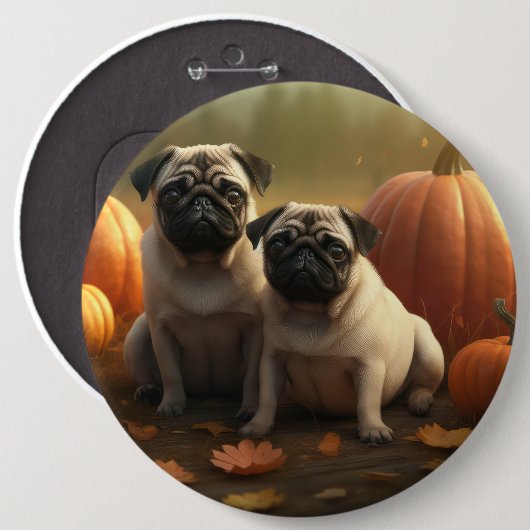 Mops Welpe Herbst Kürbis Button (Vorne & Hinten)