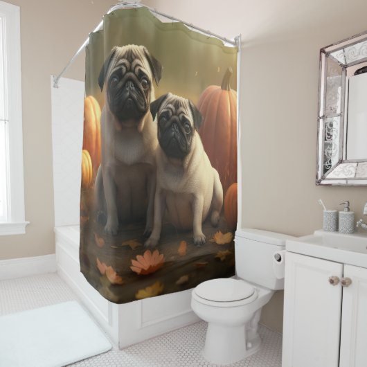 Mops Welpe Herbst Kürbis Duschvorhang (Beispiel)