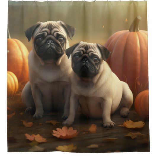 Mops Welpe Herbst Kürbis Duschvorhang (Vorderseite)