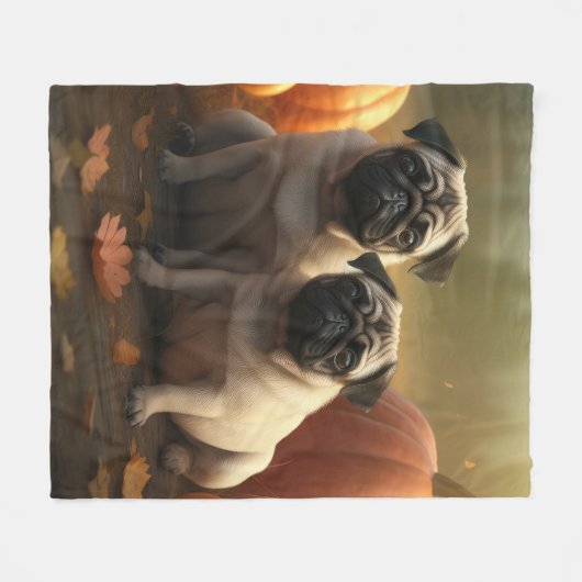 Mops Welpe Herbst Kürbis Fleecedecke (Vorderseite (Horizontal))