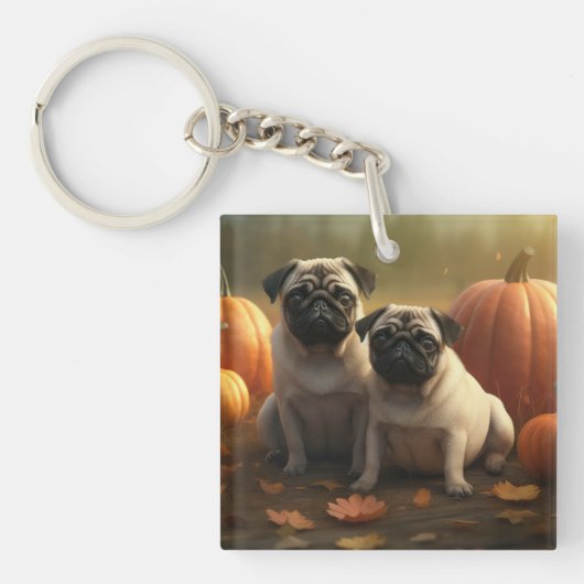 Mops Welpe Herbst Kürbis Schlüsselanhänger (Vorderseite)