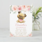 Mops Welpe Hund rot Rosa Blütenmädchen Geburtstag Einladung (Stehend Vorderseite)