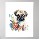 Mops Welpe Pet Wasserfarbe Blume Poster (Vorne)