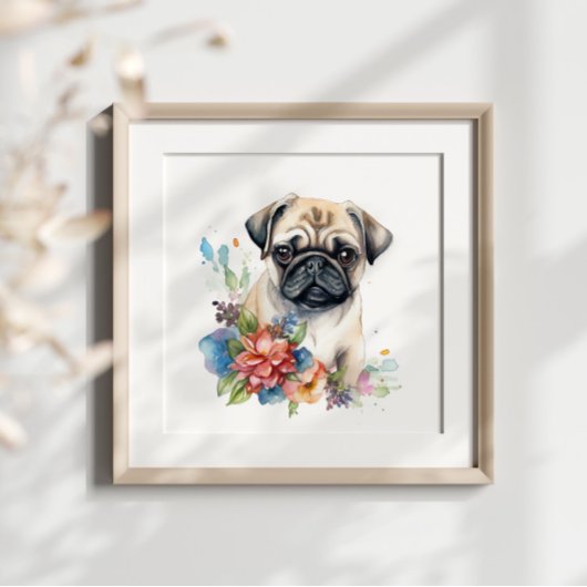 Mops Welpe Pet Wasserfarbe Blume Poster