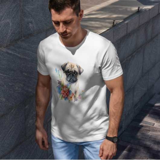 Mops Welpe Pet Wasserfarbe Blume T-Shirt