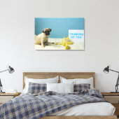 Mops Welpe sitzend auf dem Bett neben dem Telefon  Leinwanddruck (Insitu (Schlafzimmer))