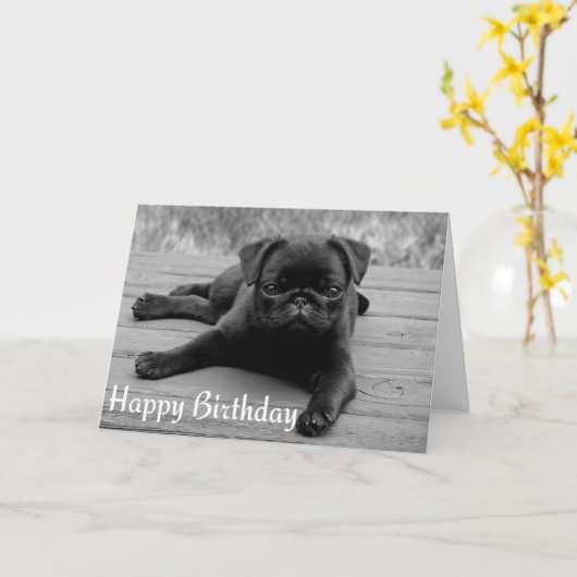 Mops Welpen Happy Birthday Card - Schwarz & Weiß Karte (Gelbe Blume)