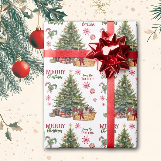 Mops Welpenkörbe unter dem Baum Geschenkpapier