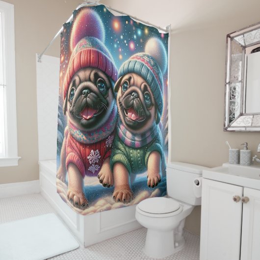 "Mops Welpen's First Snowfall - Whimsical Winter" Duschvorhang (Beispiel)