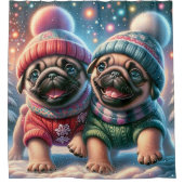 "Mops Welpen's First Snowfall - Whimsical Winter" Duschvorhang (Vorderseite)
