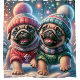 "Mops Welpen's First Snowfall - Whimsical Winter" Duschvorhang