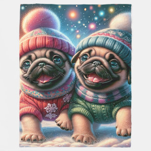 "Mops Welpen's First Snowfall - Whimsical Winter" Fleecedecke