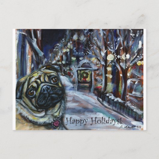 Mops Winterszene Postkarte (Vorderseite)