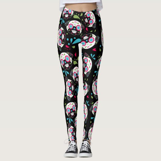 Mops-Zuckerschädel-Muster auf Schwarzem Leggings (Vorderseite)