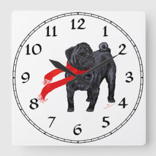 Möpse mit rotem Schal Quadratische Wanduhr