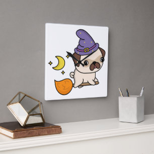 Mopsige Hexen-Wanduhr Quadratische Wanduhr