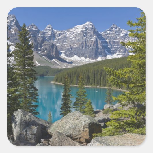Moraine Lake, Canadian Rockies, Alberta, Kanada Quadratischer Aufkleber (Vorderseite)